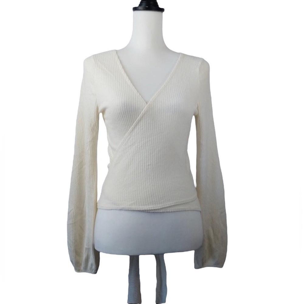 Hollister Cream Ribbed Wrap Long Sleeve Top